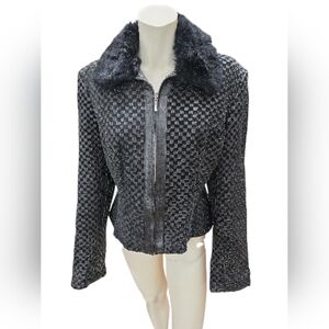 Marvin Richards Black Textured Zip Bomber with Rabbit Fur Collar